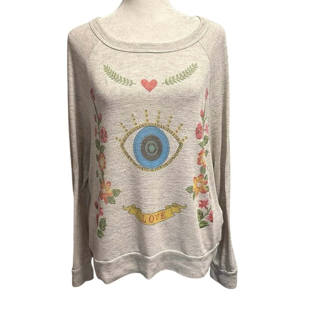 Lauren Moshi Size M Kaz Floral Eye Love Pullover Top Shirt Heather Grey FLAW